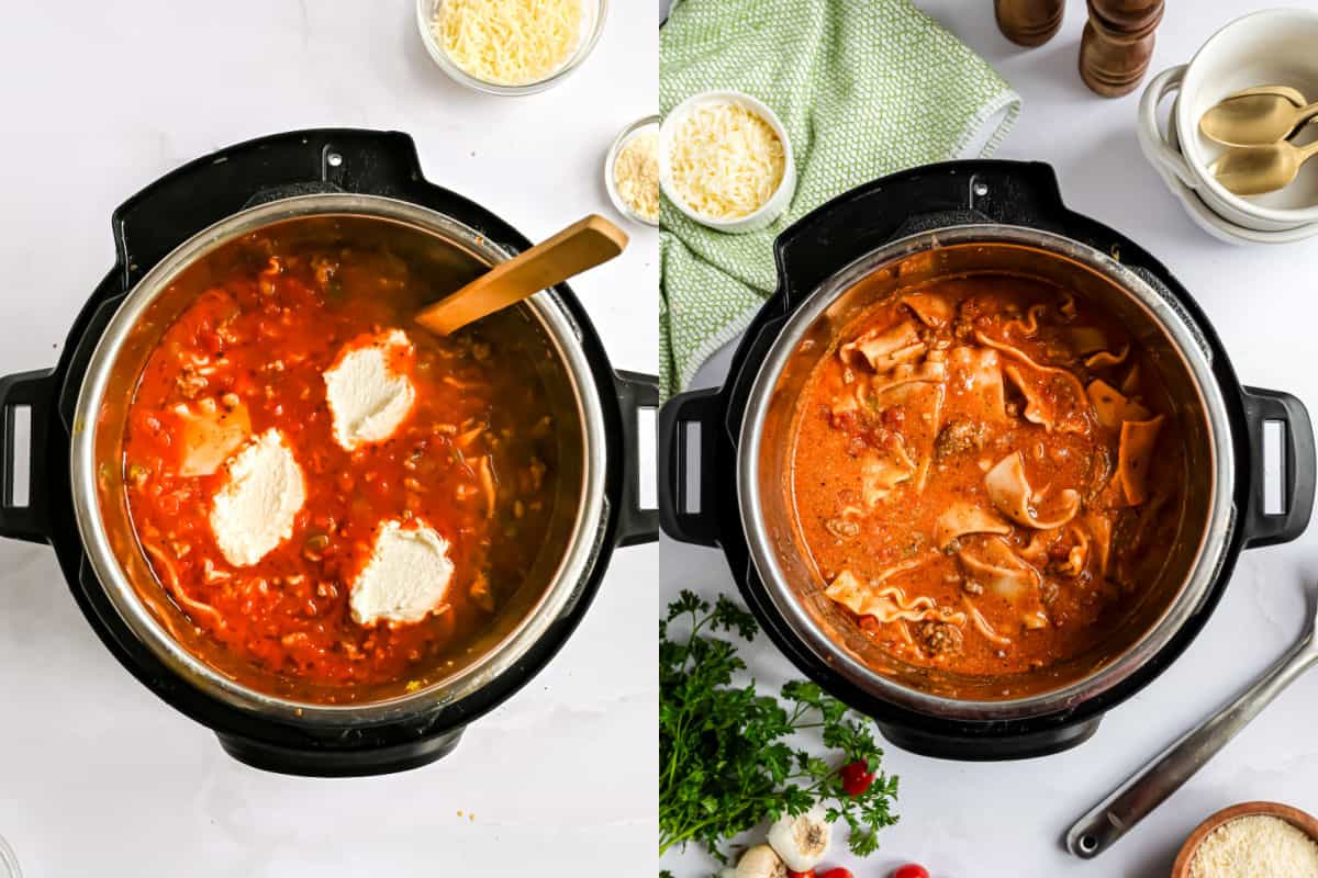Step by step photos showing how to add cheese to lasagna soup in the pressure cooker.