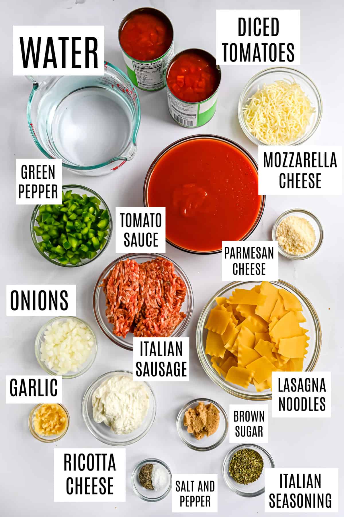 Ingredients needed to make lasagna soup in the Instant Pot.