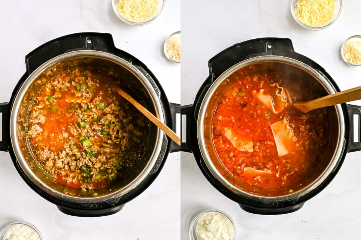 Step by step photos showing how to pressure cook soup in the Instant Pot.