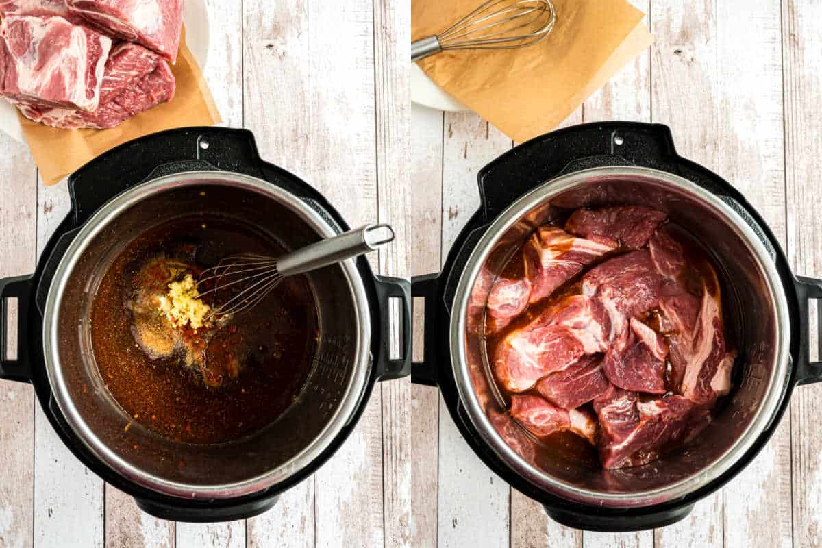 Step by step photos showing how to make pulled pork in the pressure cooker.