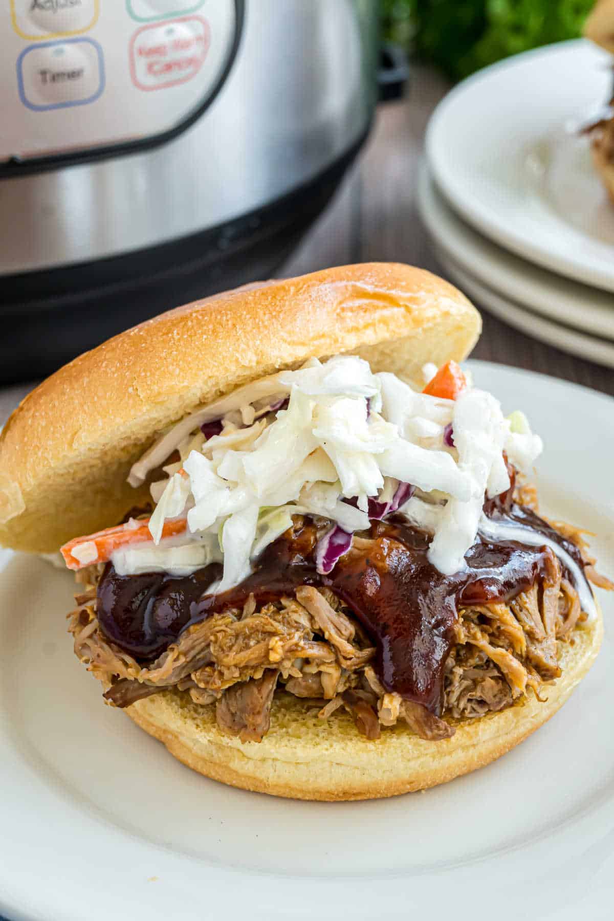 Pulled pork on a bun with cole slaw and bbq sauce.