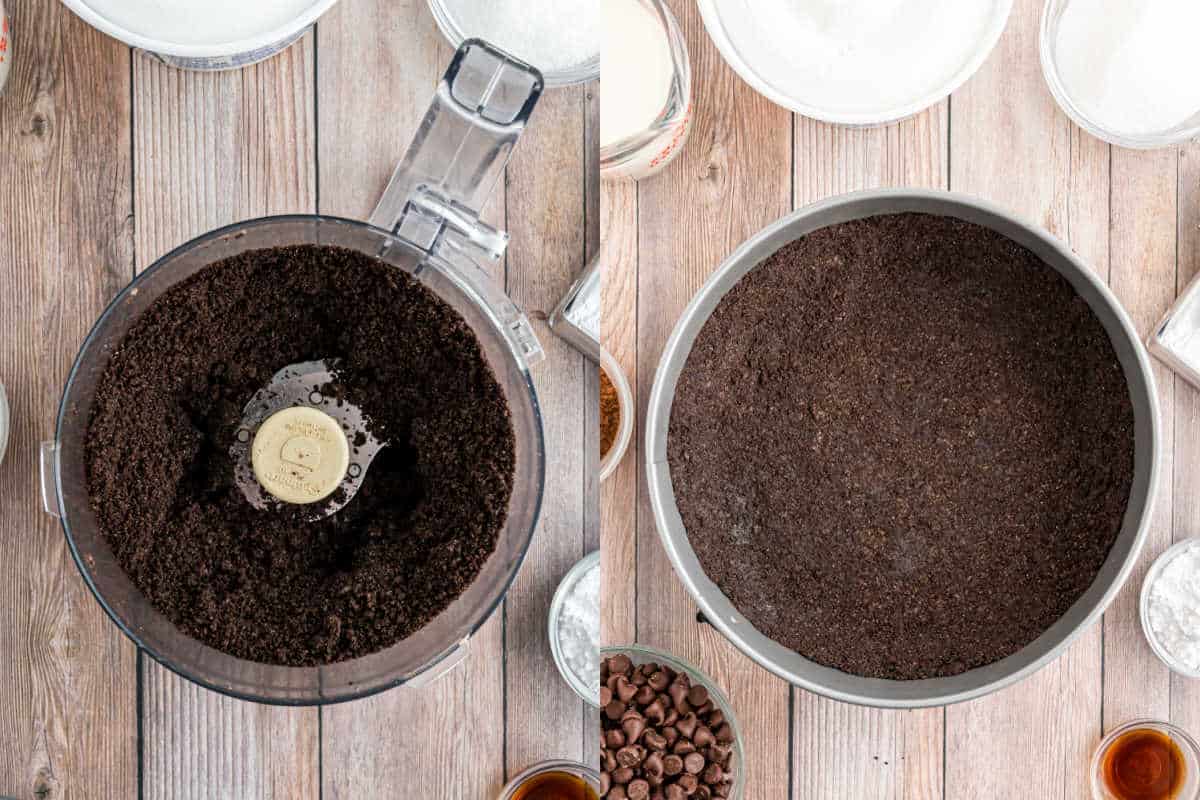 Step by step photos showing how to make an oreo crust.