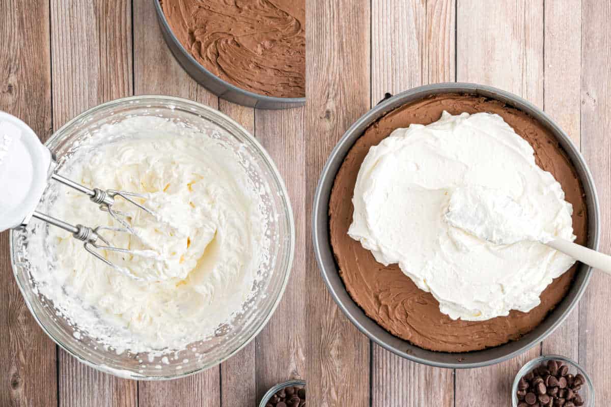 Step by step photos showing how to make a whipped cream topping for cheesecake.