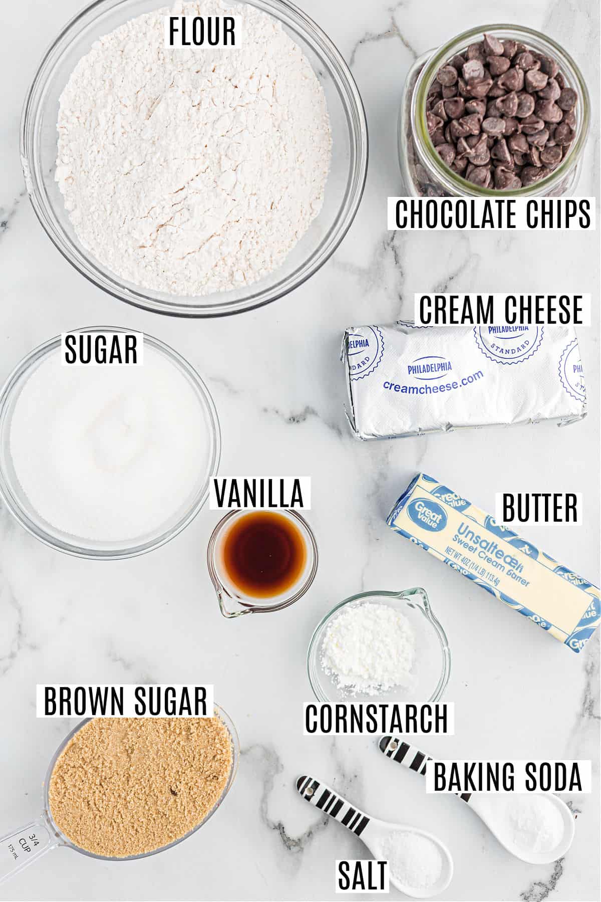 Ingredients needed to make soft chocolate chip cookies.