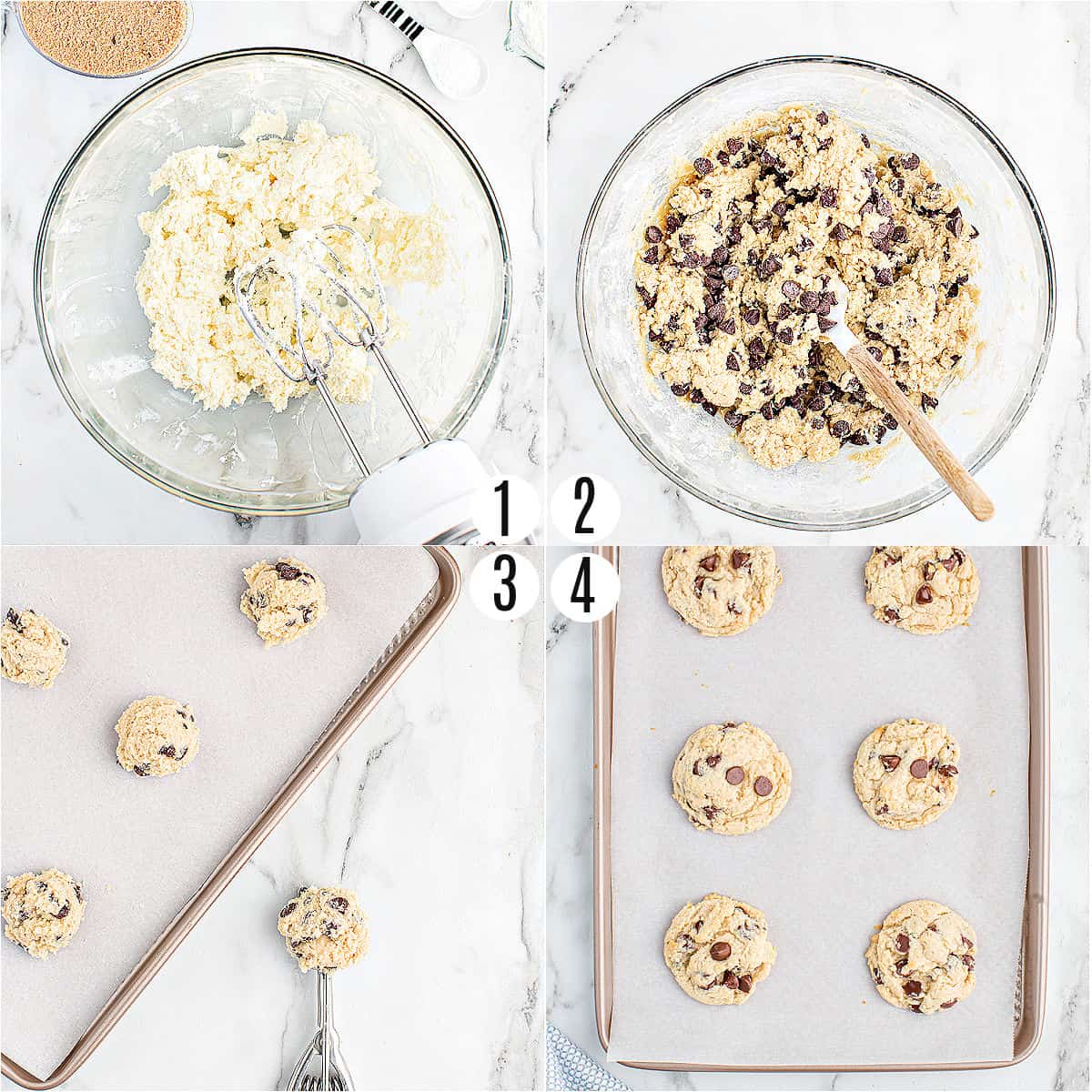 Step by step photos showing how to make soft batch chocolate chip cookies.