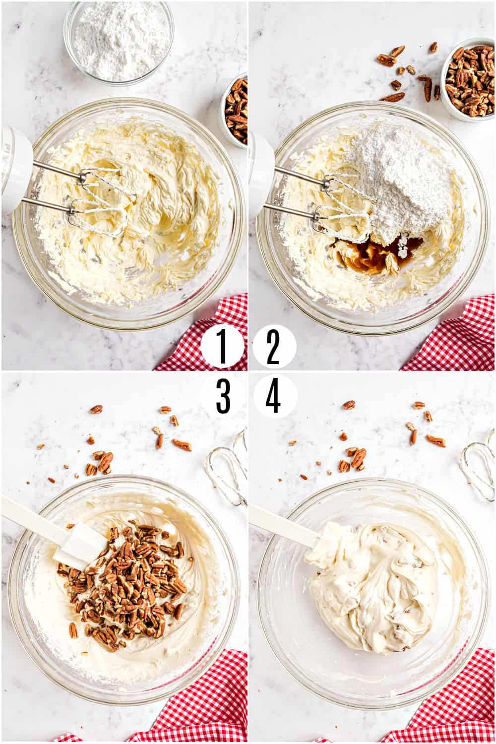 Step by step photos showing how to make cheesecake dip.