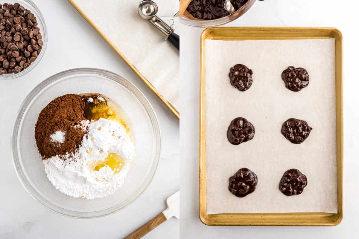 Bowl with baking ingredients and cookie sheet with six flourless chocolate cookies dough mounds on parchment paper.