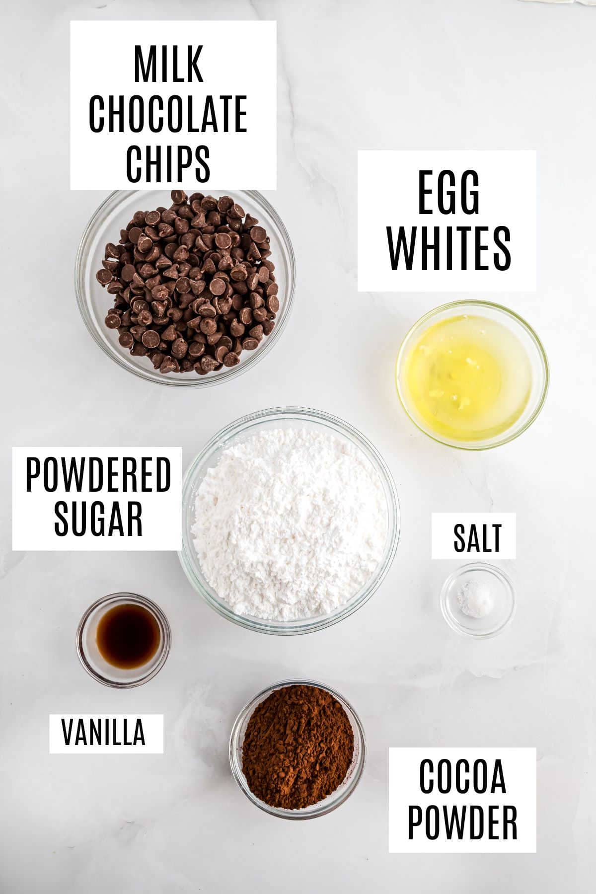 Bowls of milk chocolate chips, egg whites, powdered sugar, vanilla, salt, and cocoa powder on a white surface—perfect ingredients for baking flourless chocolate cookies.
