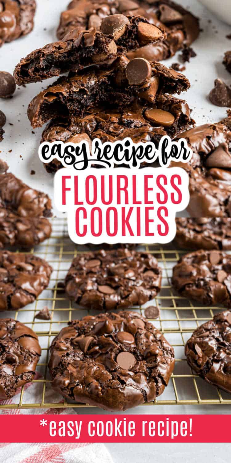 Flourless chocolate cookies with chocolate chips, some resting on a cooling rack, and a text overlay sharing an easy flourless chocolate cookies recipe.