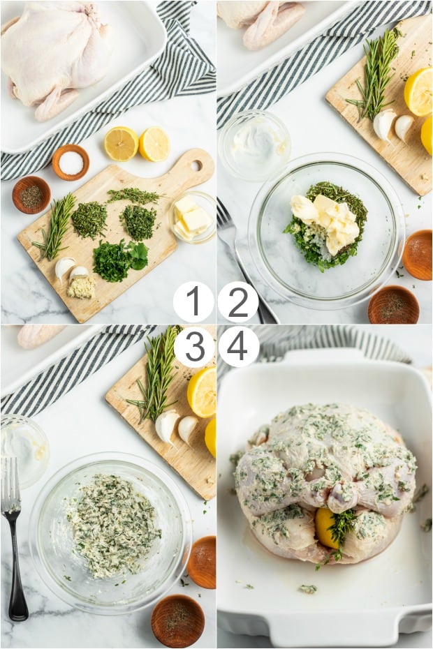 Step by step photos for making the garlic herb butter for roasted chicken.