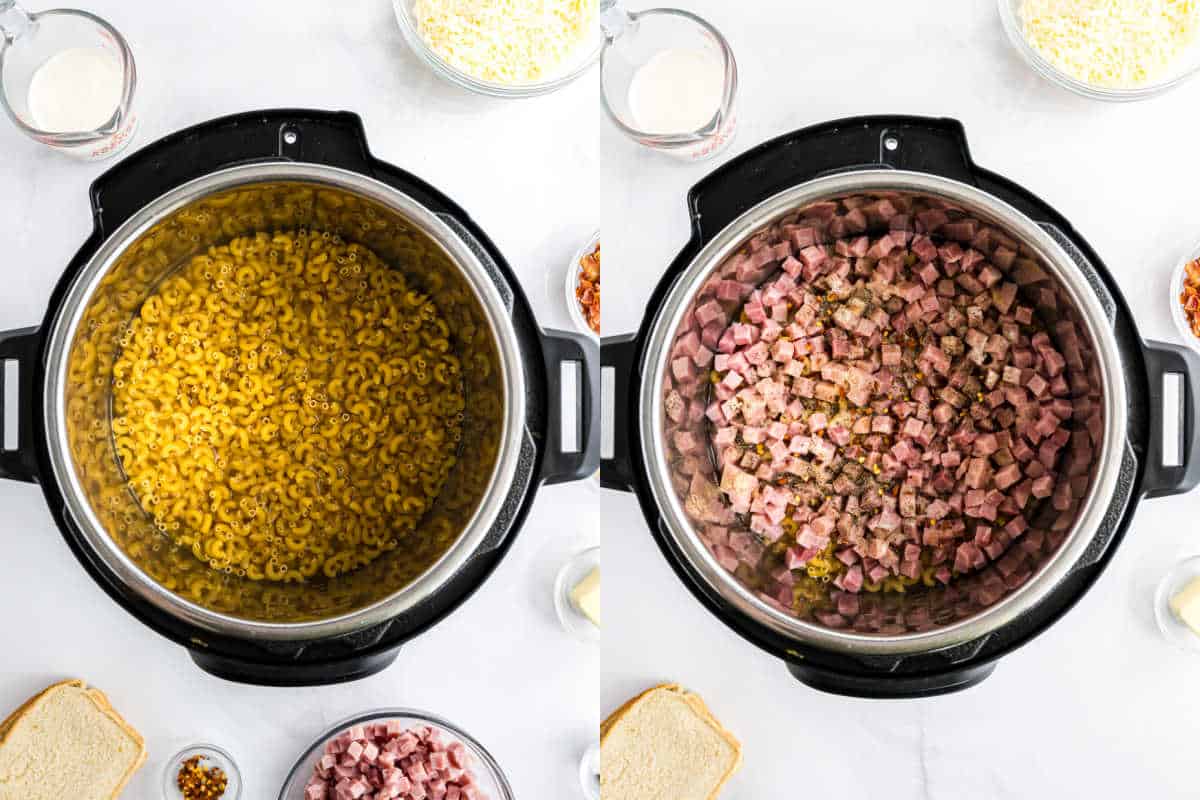 Split image: Left, dry macaroni in an Instant Pot; right, diced ham added on top, perfect for a quick Instant Pot chicken cordon bleu-inspired meal.