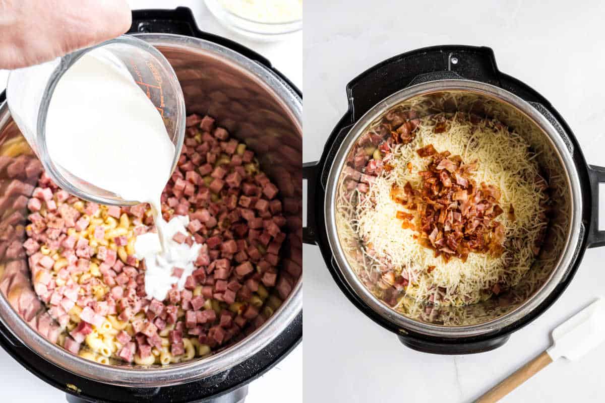 Left: Cream being poured over diced ham and pasta for instant pot chicken cordon bleu; Right: Cheese and bacon are sprinkled on top, ready to melt.