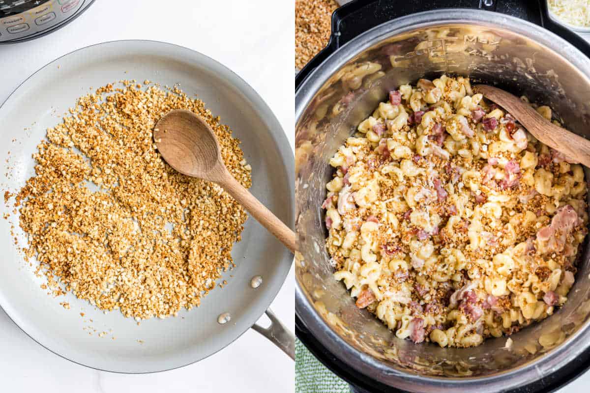 Left: Toasted breadcrumbs in a skillet with a wooden spoon. Right: Mac and cheese with bacon in a pot—perfect comfort food, just like instant pot chicken cordon bleu brings to the table.