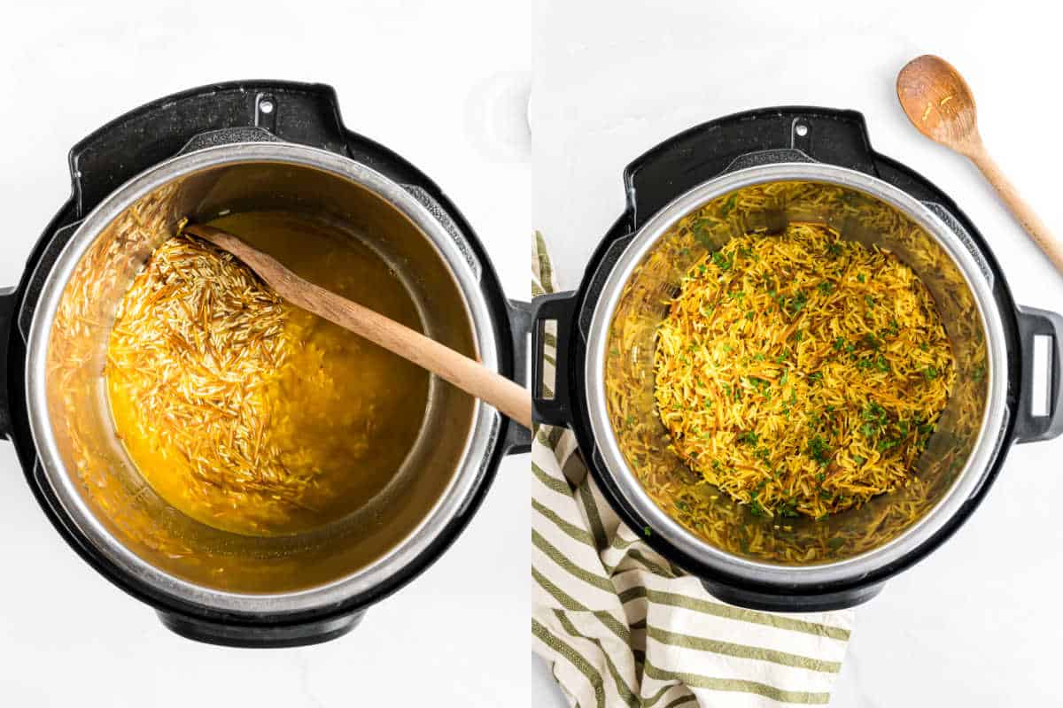 Split image of instant pot rice a roni: uncooked on the left in the Instant Pot, fully cooked and perfectly fluffed on the right.