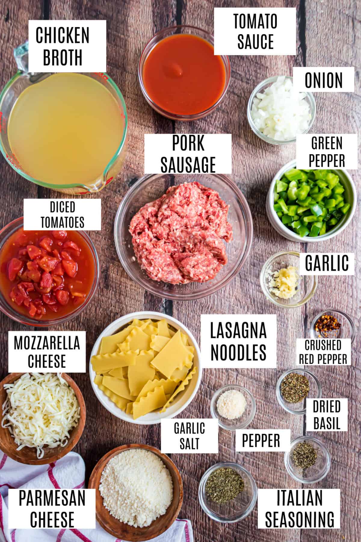 Ingredients needed to make lasagna soup.