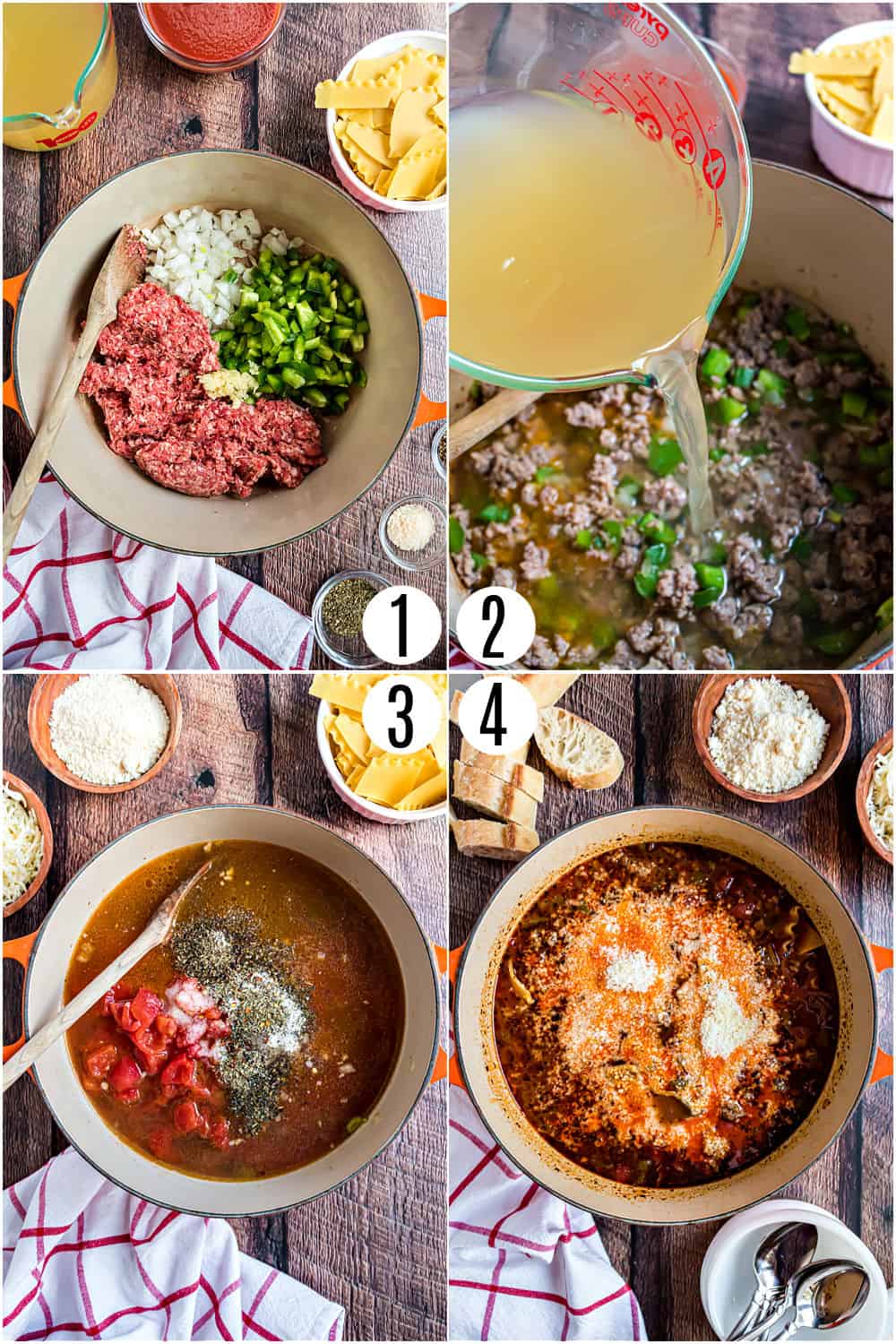 Step by step photos showing how to make lasagna soup.