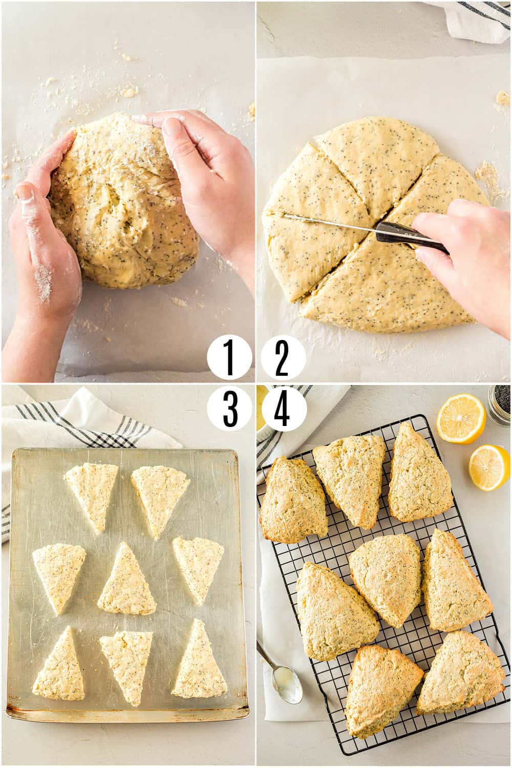 Step by step photos showing how to knead and shape dough for lemon scones.