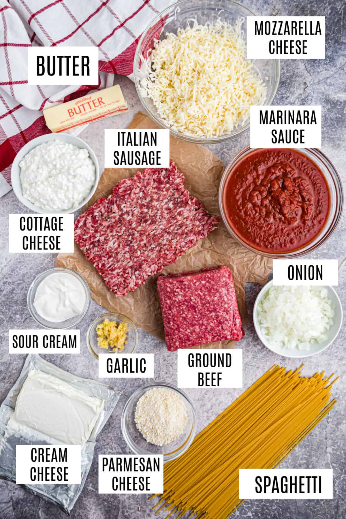 Ingredients needed to make a million dollar spaghetti casserole.