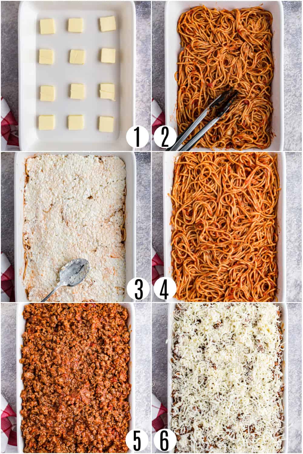 Step by step photos showing how to assemble spaghetti casserole.