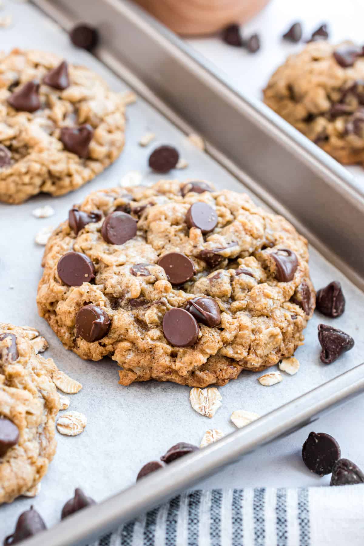 Oatmeal chocolate chip cookie baked on a parchment paper lined cookie sheet.