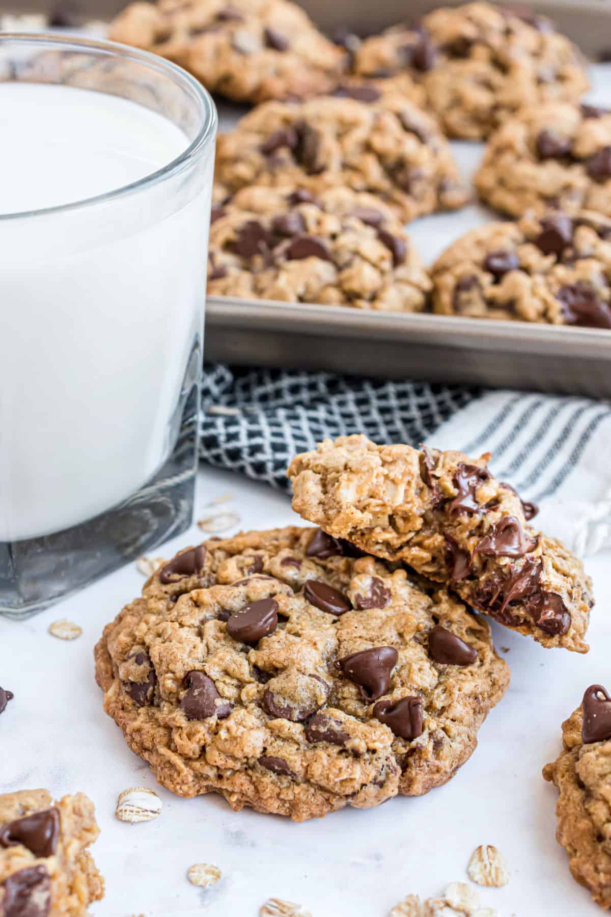 Chocolate chip oatmeal cookies stacked.