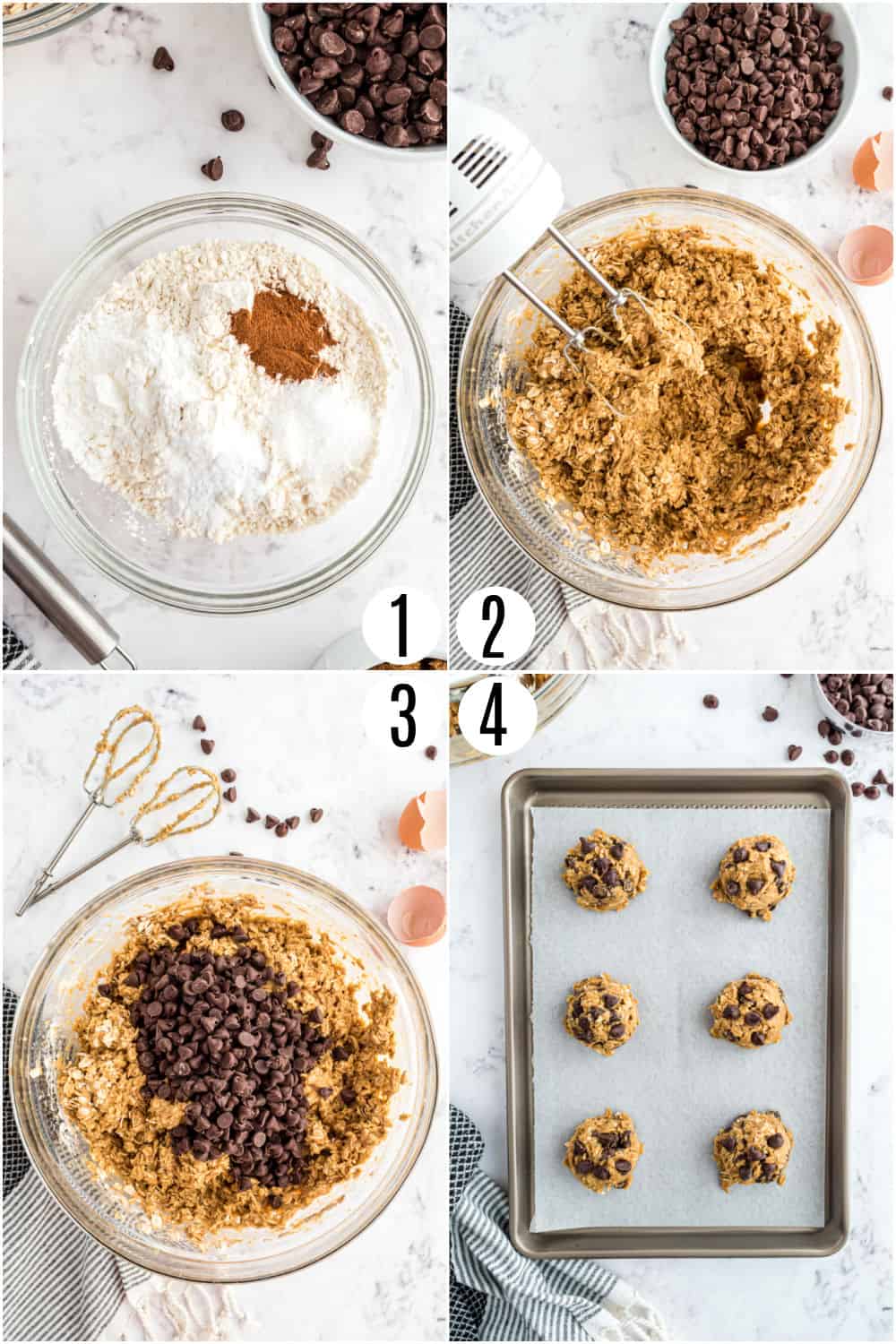 Step by step photos showing how to make oatmeal chocolate chips cookies.