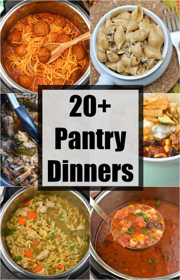 Collage of 6 dinner recipes made with pantry ingredients.