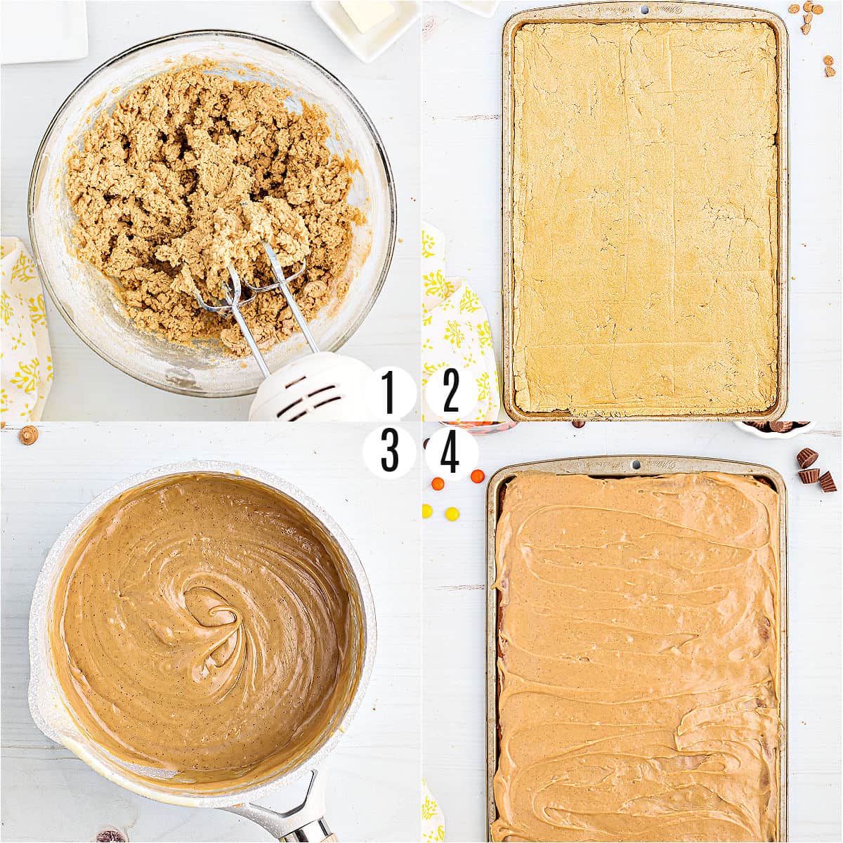 Step by step photos showing how to make peanut butter cookie bars.