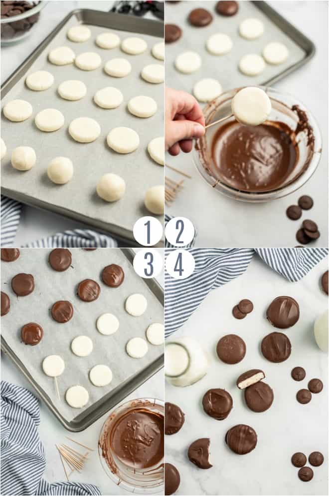 Step by step photos to show how to dip peppermint patty into chocolate.