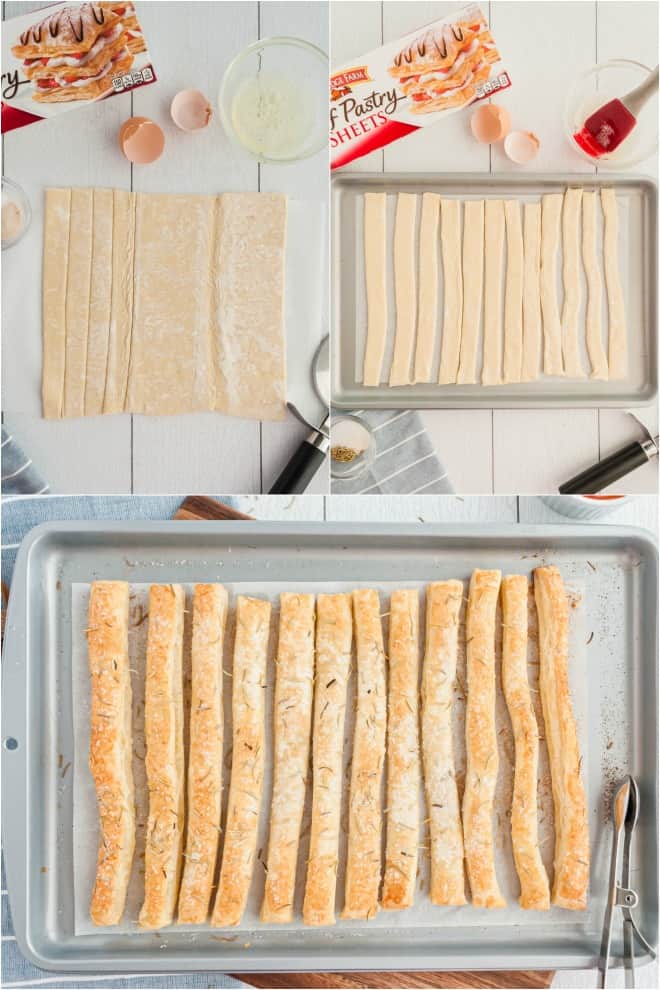 Step by step photos for making homemade puff pastry breadsticks.