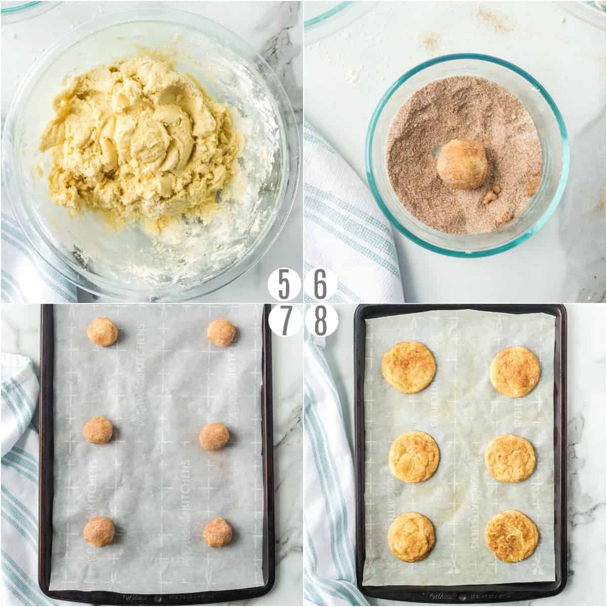 Step by step photos showing how to bake snickerdoodles with cinnamon sugar coating.