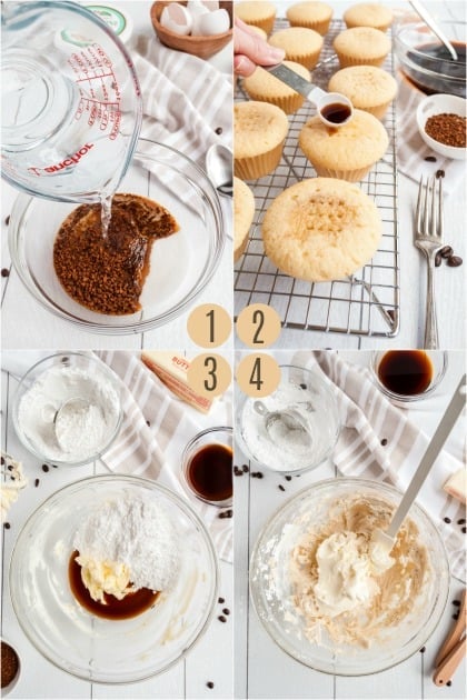 Step by step photos to make tiramisu cupcake filling and frosting.