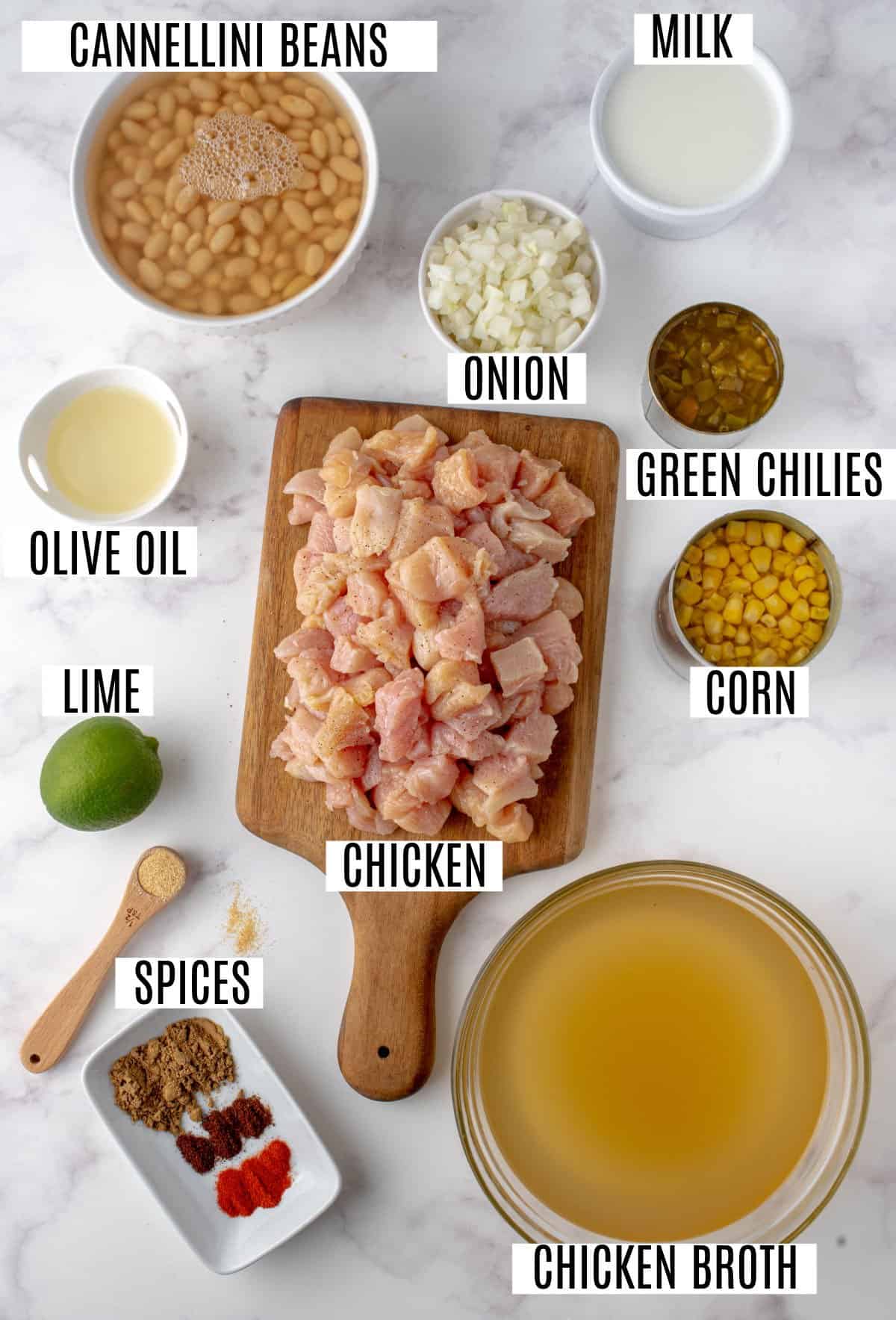 Ingredients needed to make white chicken chili.