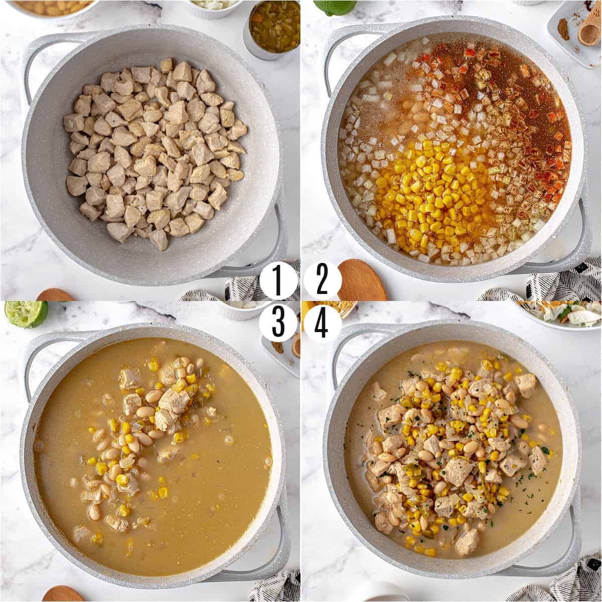Step by step photos showing how to make white chicken chili.