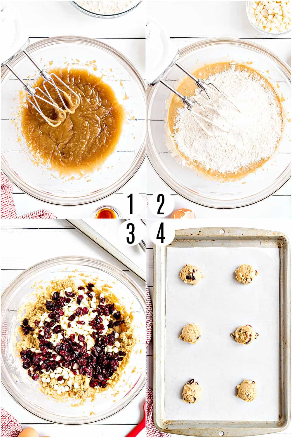 Step by step photos showing how to make white chocolate cranberry cookies.