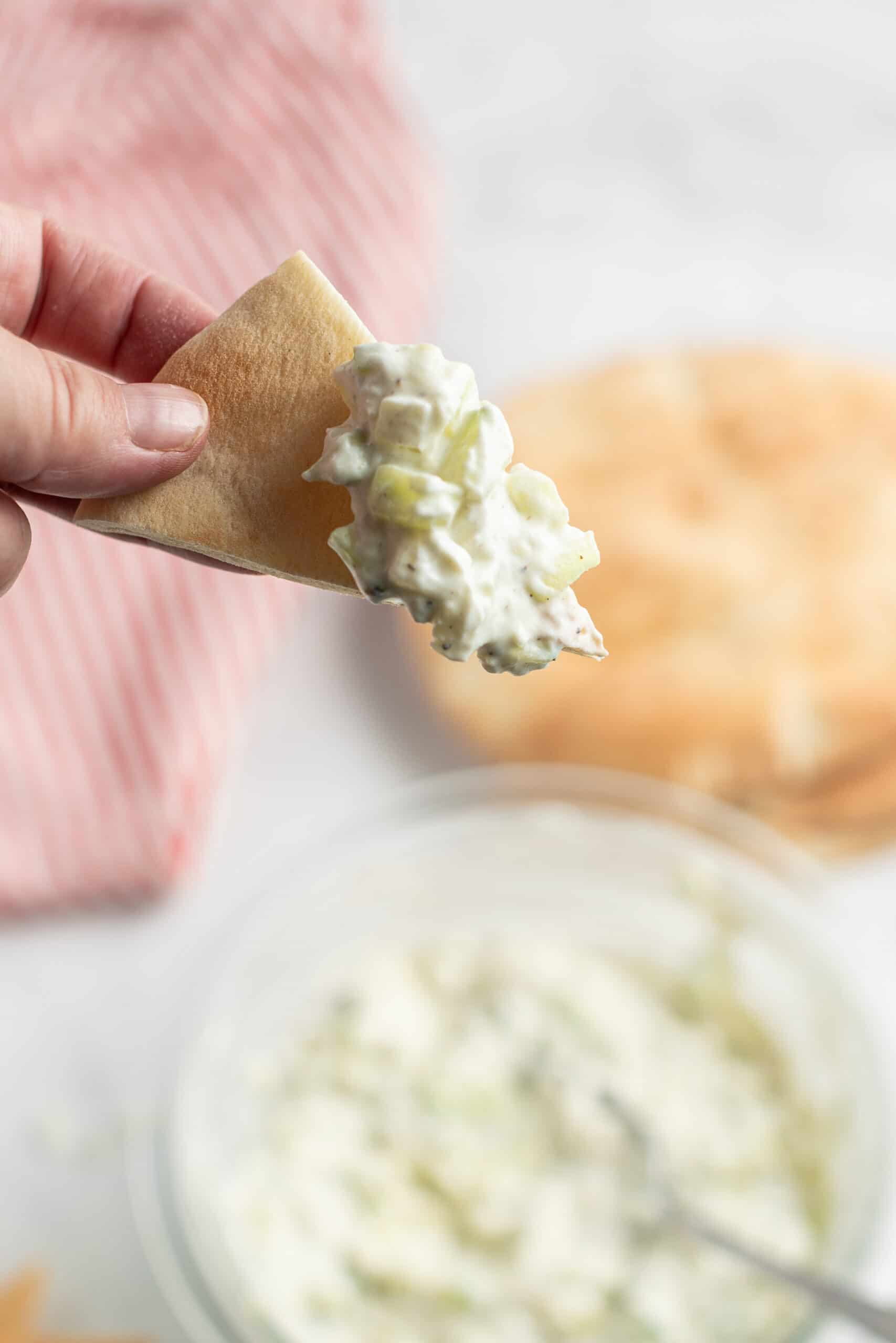 Tzatziki sauce scooped up onto a pita triangle.