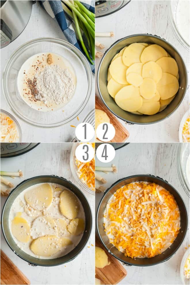 Step by step photos to make cheesy au gratin potatoes in Instant Pot.