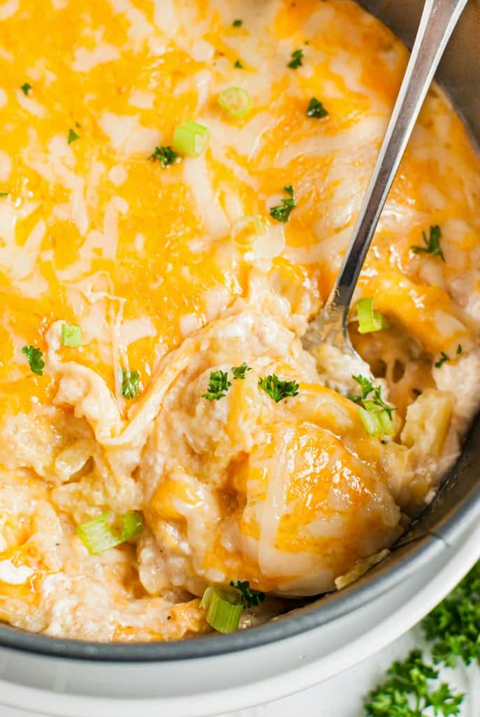 Cheesy au gratin potatoes in a 7-inch push pan for the pressure cooker.