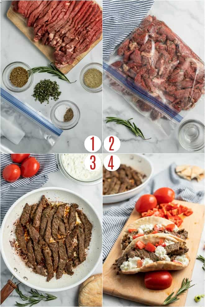 Step by step photos to make greek sirloin pitas.