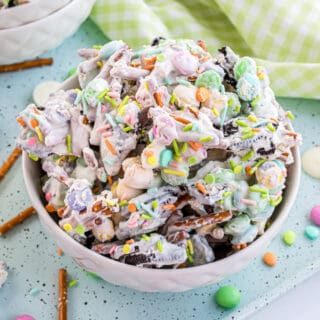 An Easter dessert the kids can help make! Bunny Chow Candy will brighten up your spring with sweet crunchy taste that no one can resist. This sweet and salty candy is packed with Oreos and holiday M&M's.