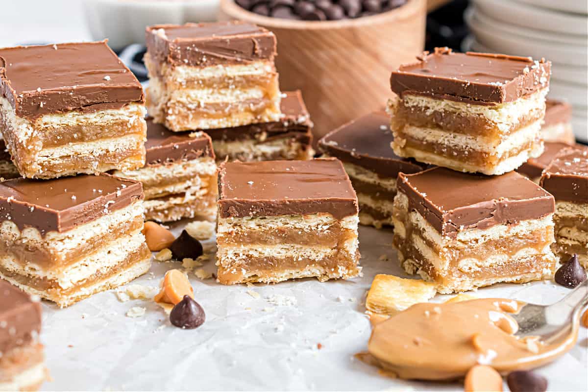 Stacked homemade candies on parchment paper.