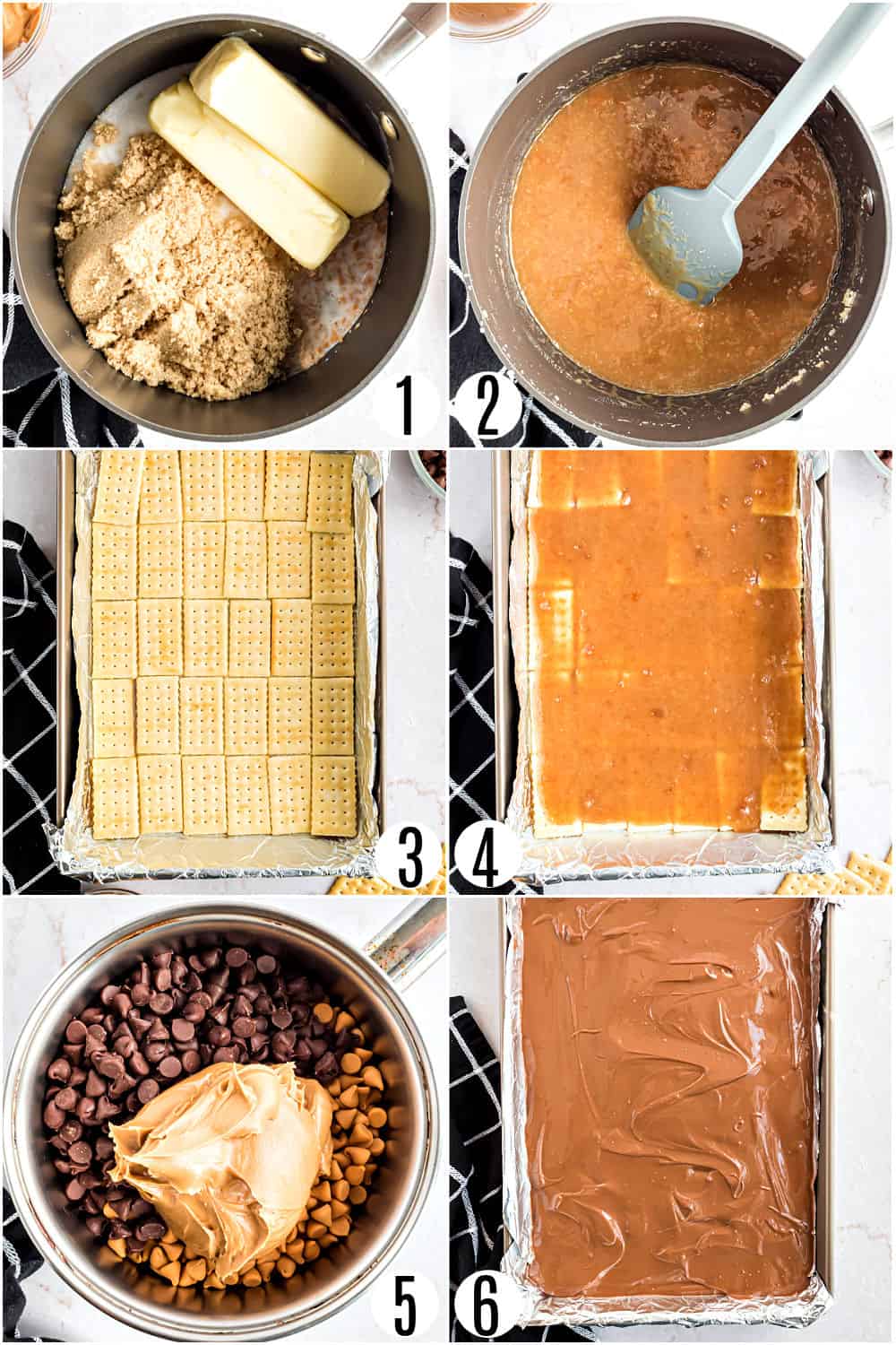 Step by step photos showing how to make club cracker candy bars.