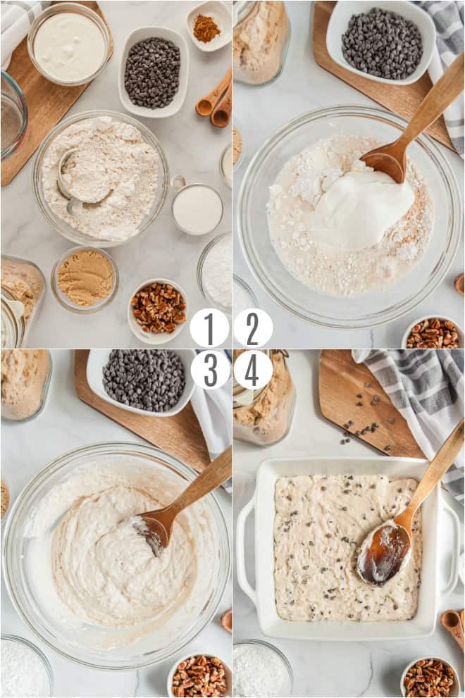 Step by step photos to make chocolate chip cake.