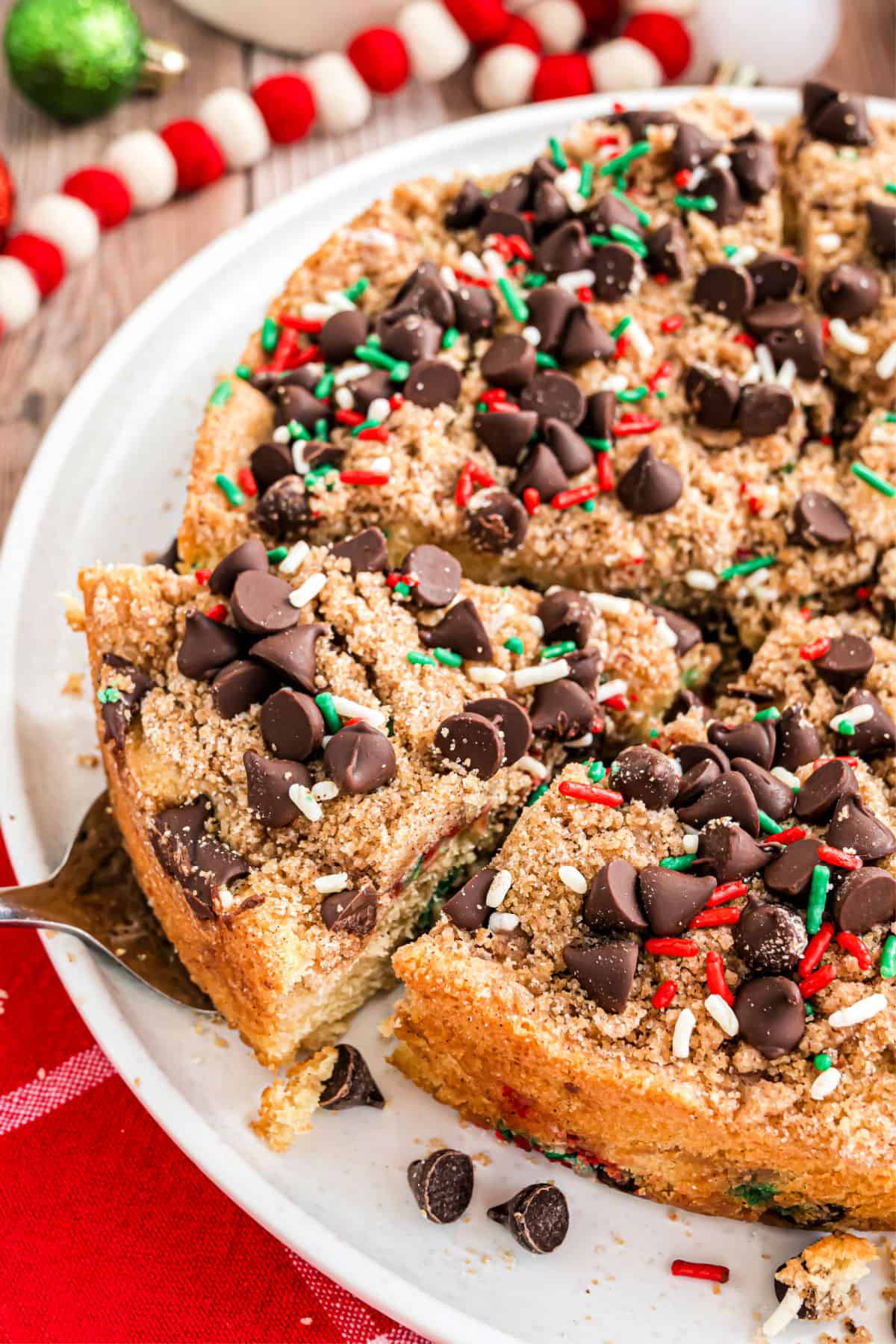 Chocolate chip coffee cake with holiday sprinkles.