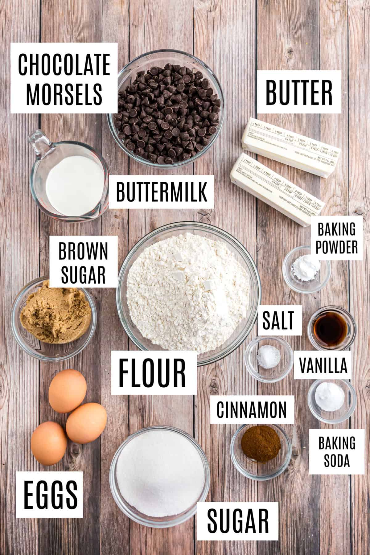 Ingredients needed to make chocolate chip coffee cake.