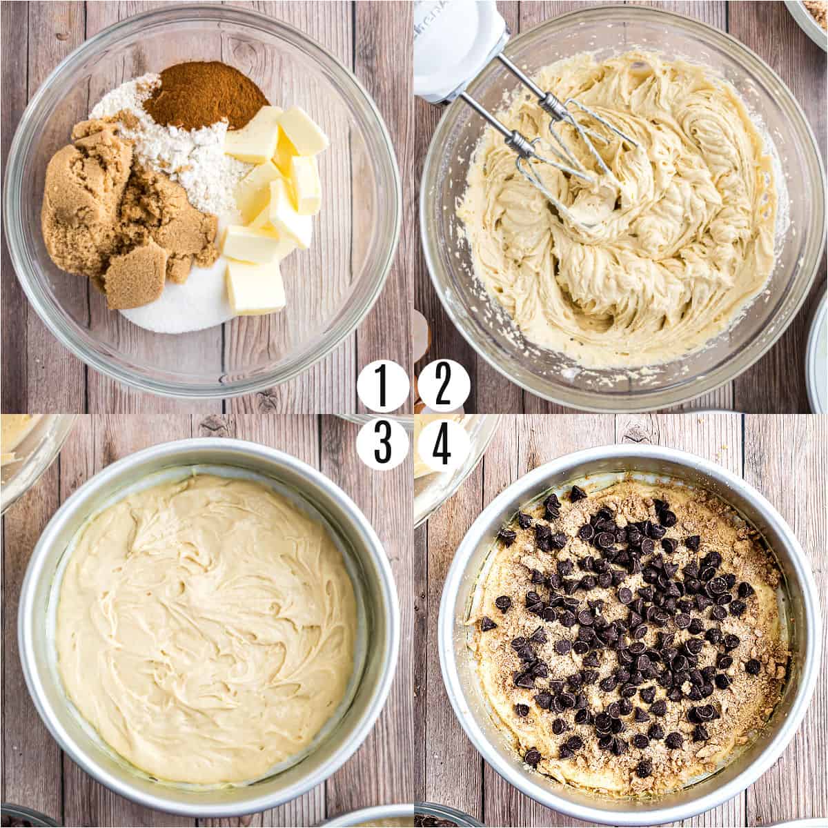 Step by step photos showing how to make chocolate chip coffee cake.