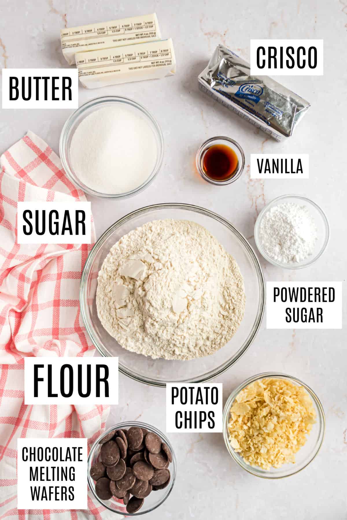 Ingredients needed to make chocolate dipped potato chip cookies.