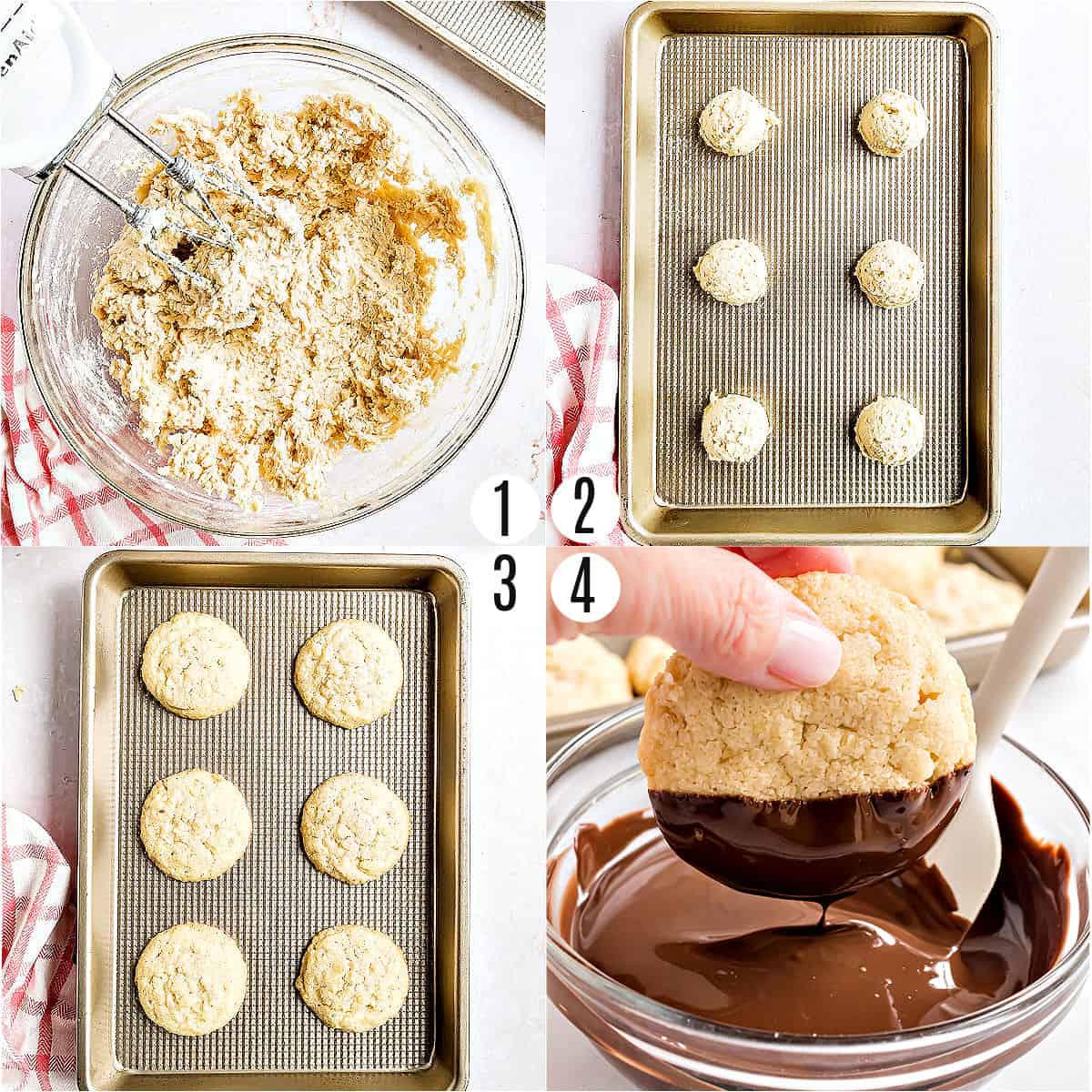 Step by step photos showing how to make potato chip cookies dipped in chocolate.