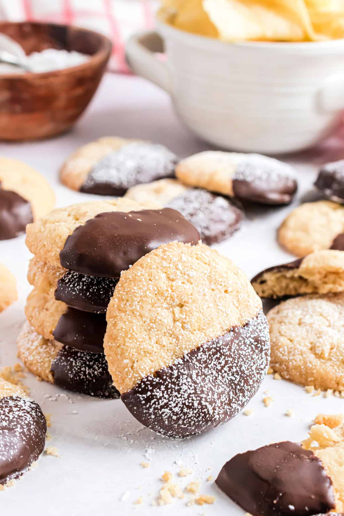 Potato chip cookies dipped in chocolate.