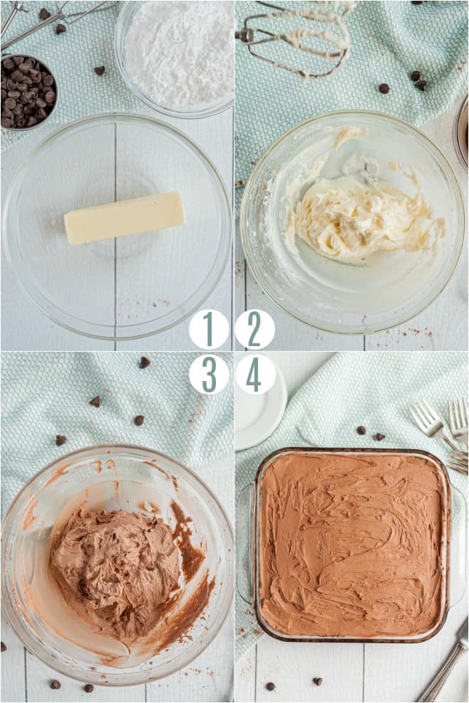 Step by step photos to make chocolate buttercream frosting for crazy cake recipe.